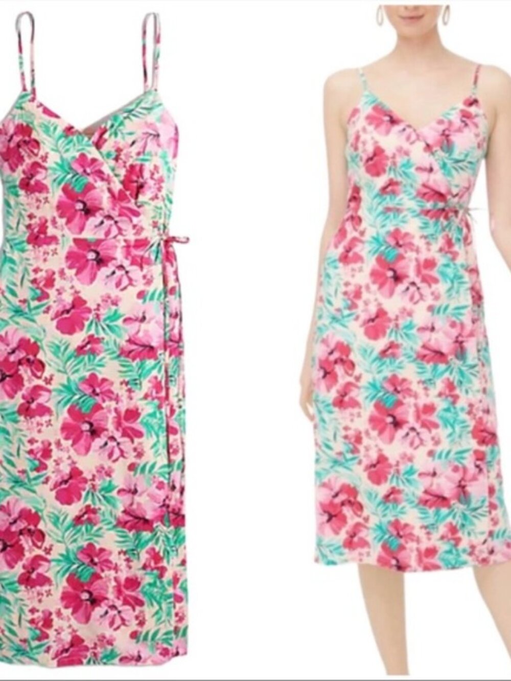 J. Crew Pink Floral Midi Wrap Dress Green Leaves Tropical Classic Size 14 NWT